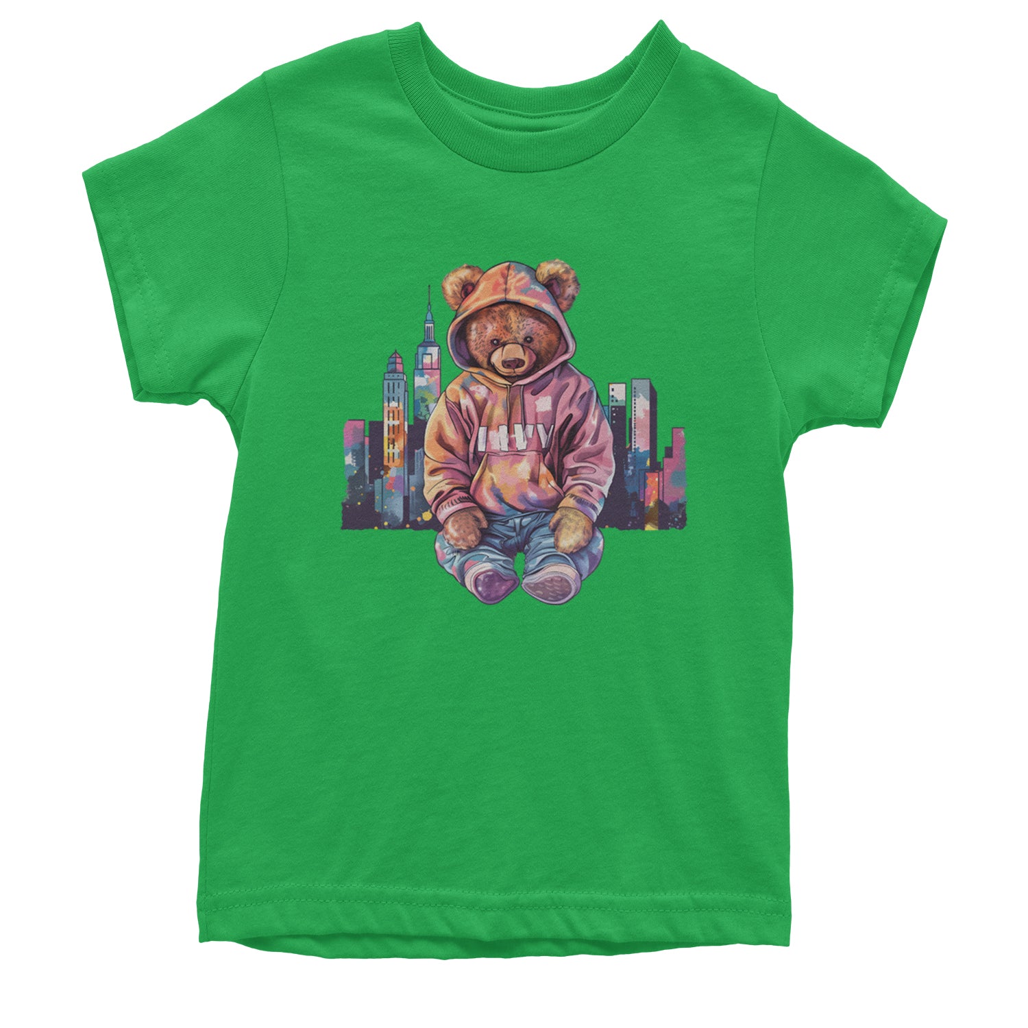 City Skyline Urban Graffiti Bear Youth T-shirt Kelly Green