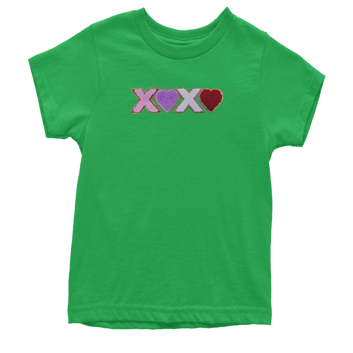 XOXO Chenille Patch Valentines Days Youth T-shirt Kelly Green