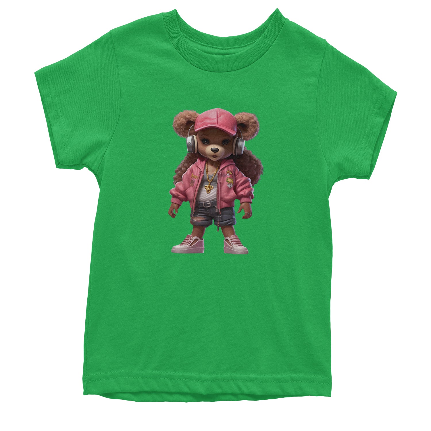 Pink Female Urban Graffiti Bear Youth T-shirt Kelly Green