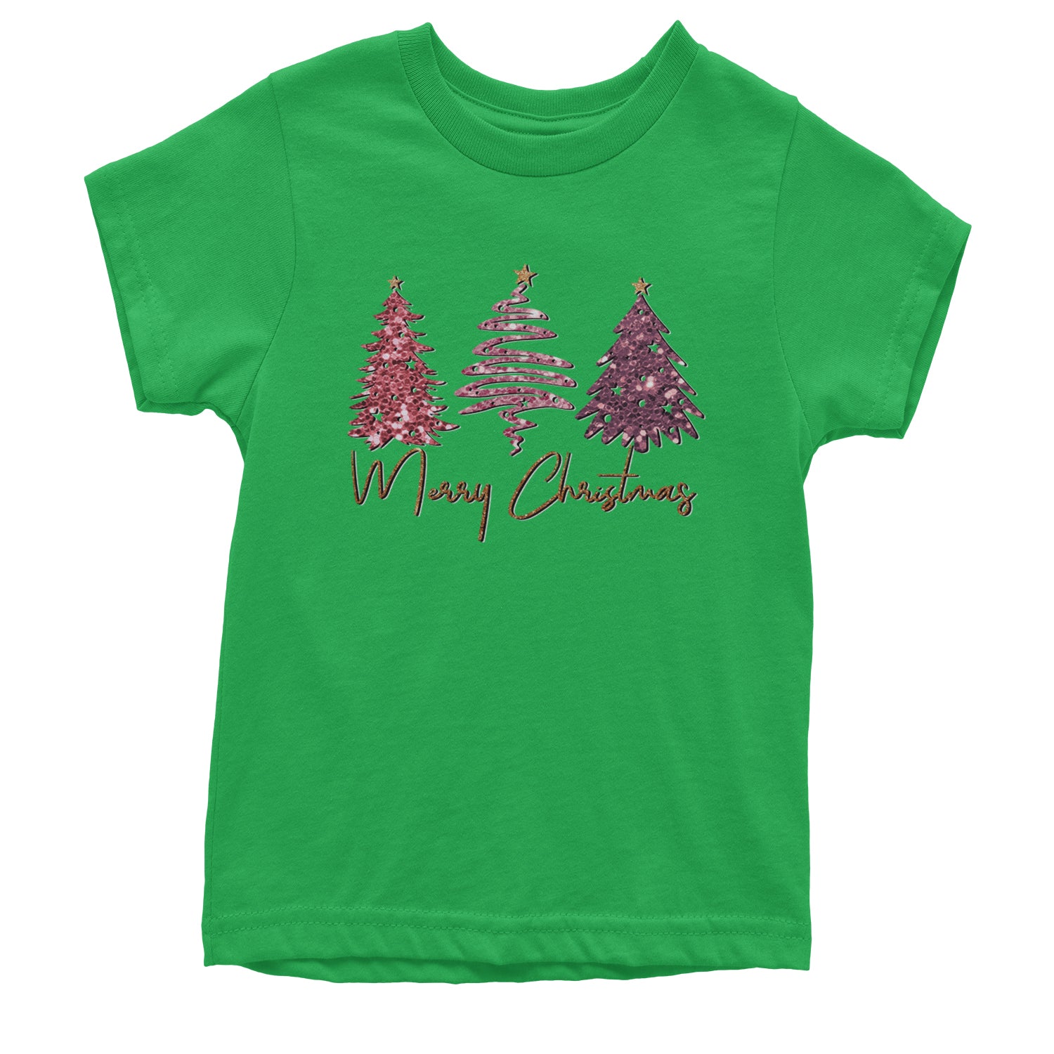 Merry Christmas Faux Glitter Trees Youth T-shirt Kelly Green