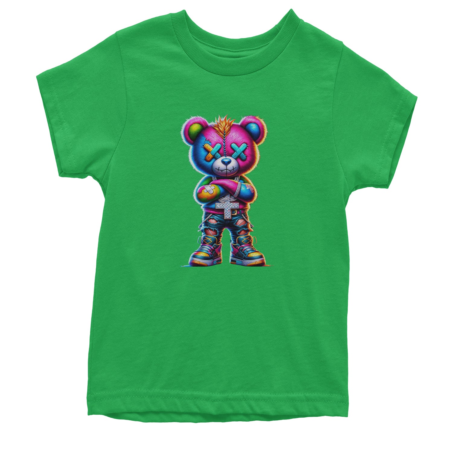 Stitched Neon Urban Graffiti Bear Youth T-shirt Kelly Green