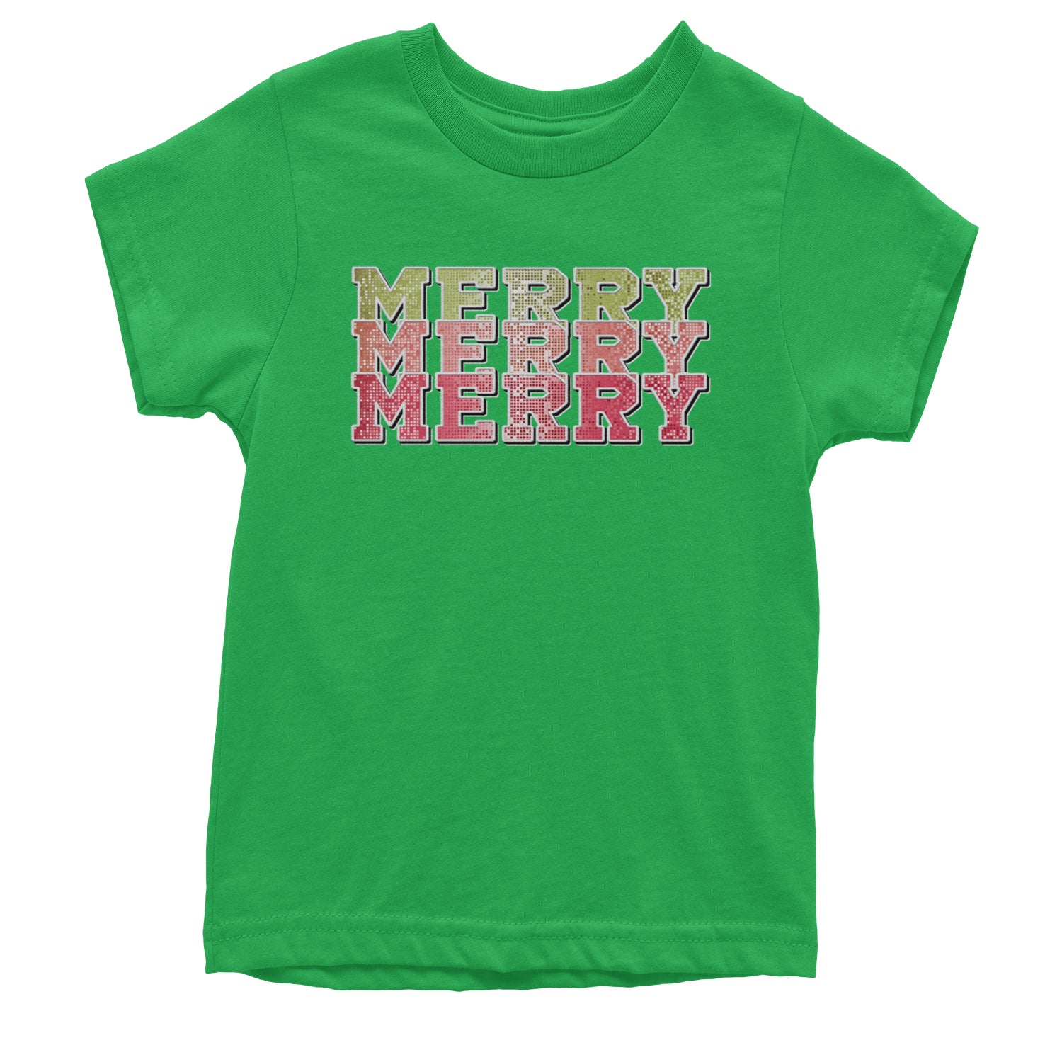 Merry Merry Merry Faux Sequins Youth T-shirt Kelly Green