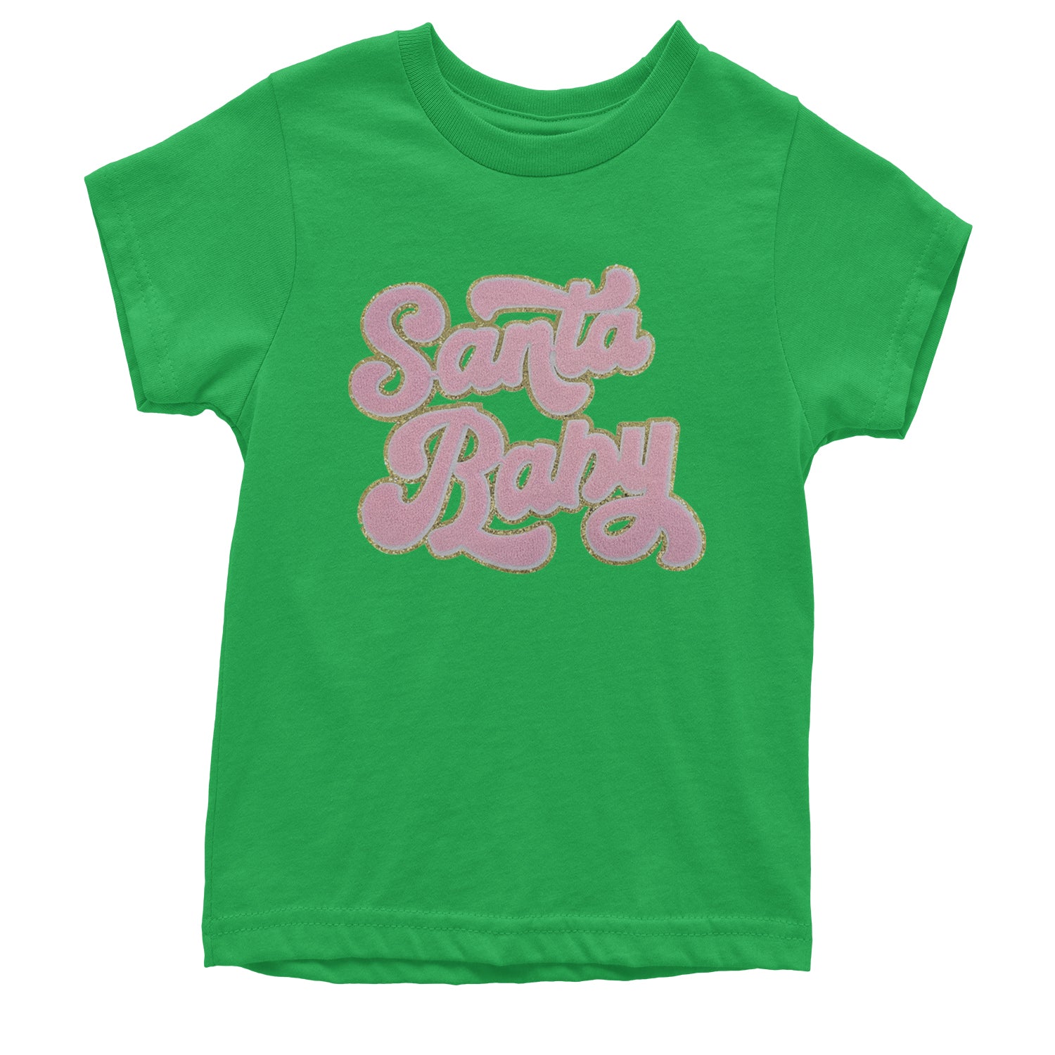 Pink Santa Baby Chenille Patch Youth T-shirt Kelly Green