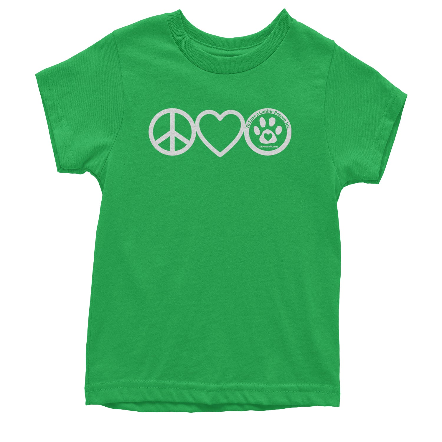 Peace, Love and TLC Dog Rescue Youth T-shirt Kelly Green