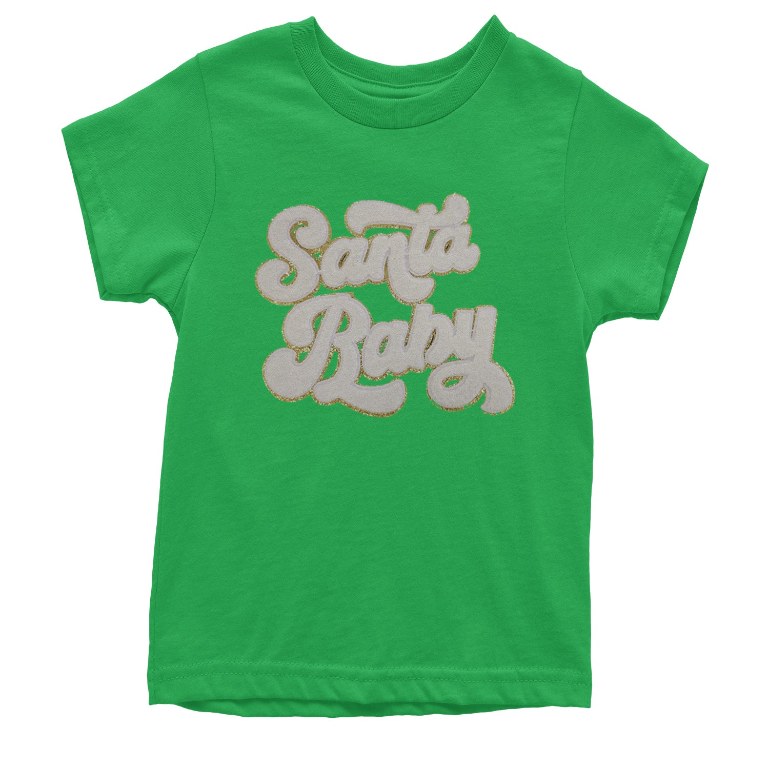 White Santa Baby Chenille Patch Youth T-shirt Kelly Green