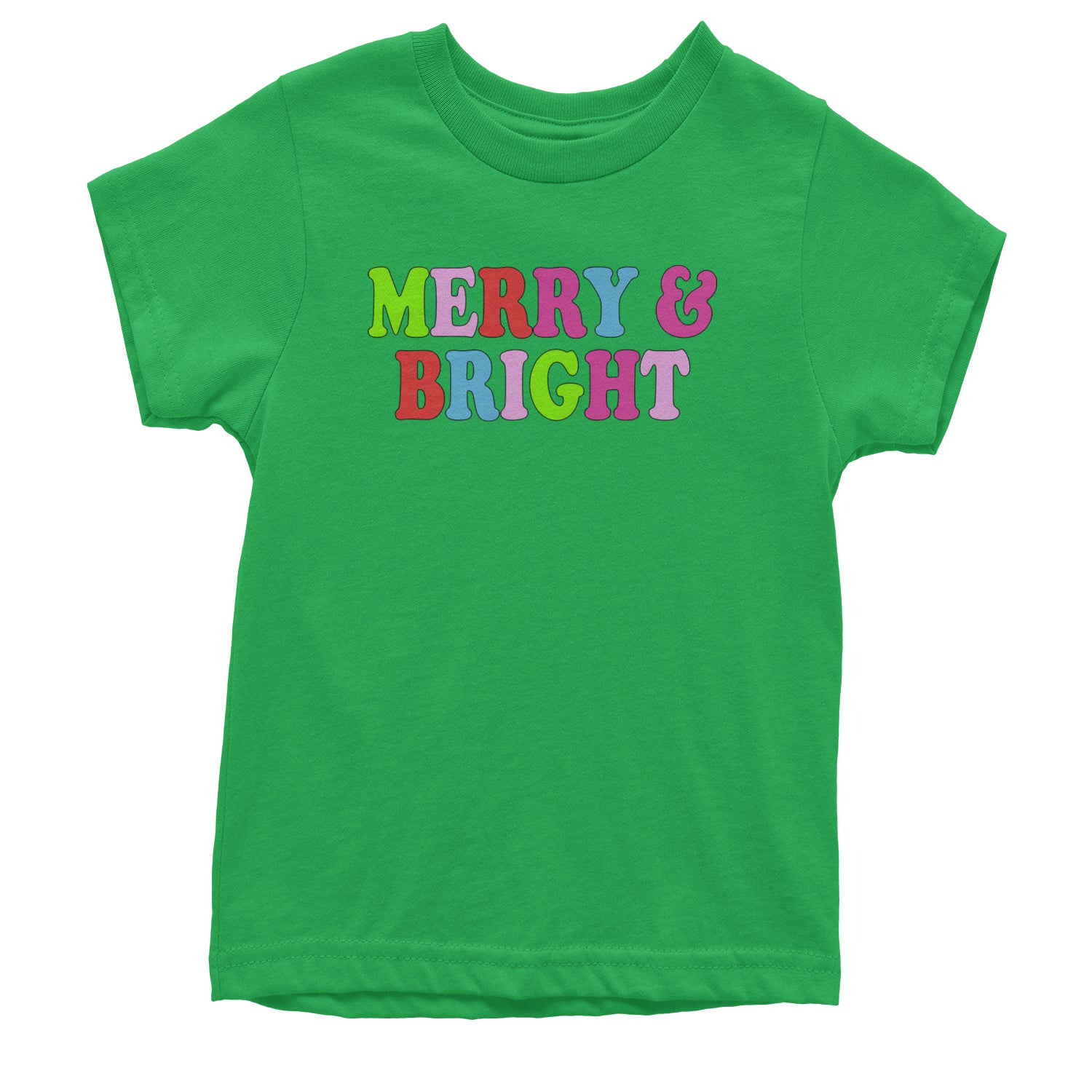 Merry and Bright Festive Christmas Holiday Youth T-shirt Kelly Green