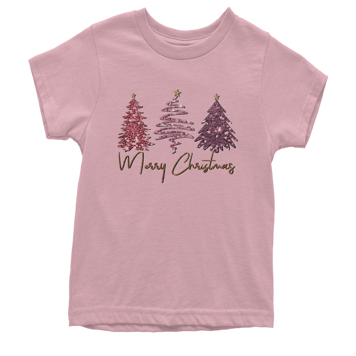 Merry Christmas Faux Glitter Trees Youth T-shirt Light Pink