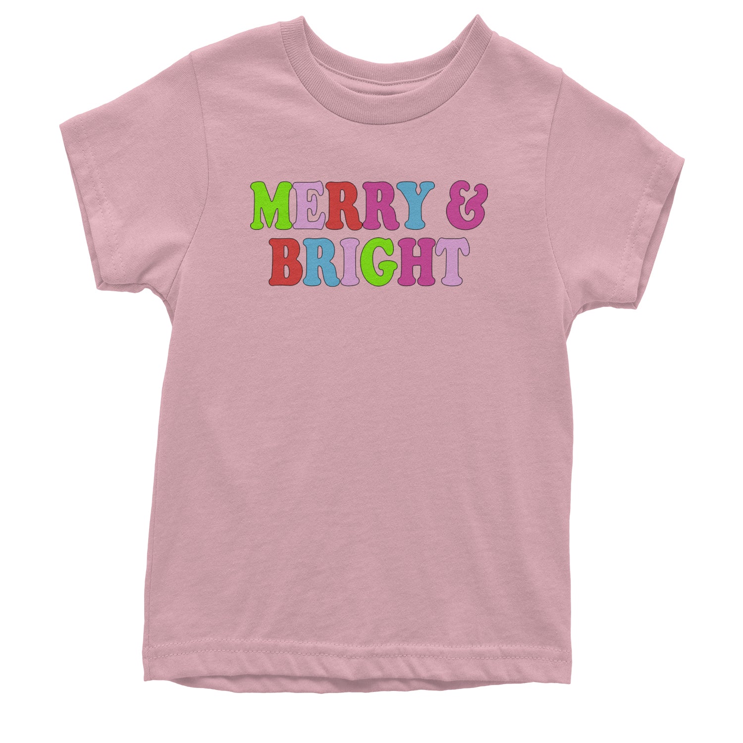 Merry and Bright Festive Christmas Holiday Youth T-shirt Light Pink