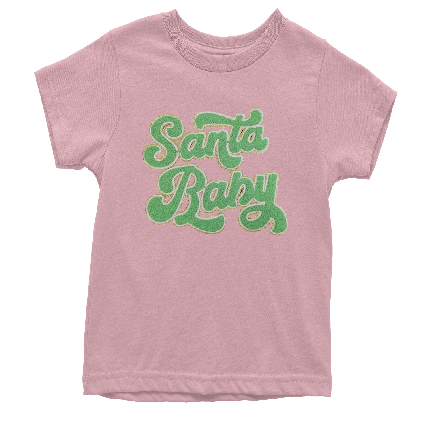 Green Santa Baby Chenille Patch Youth T-shirt Light Pink