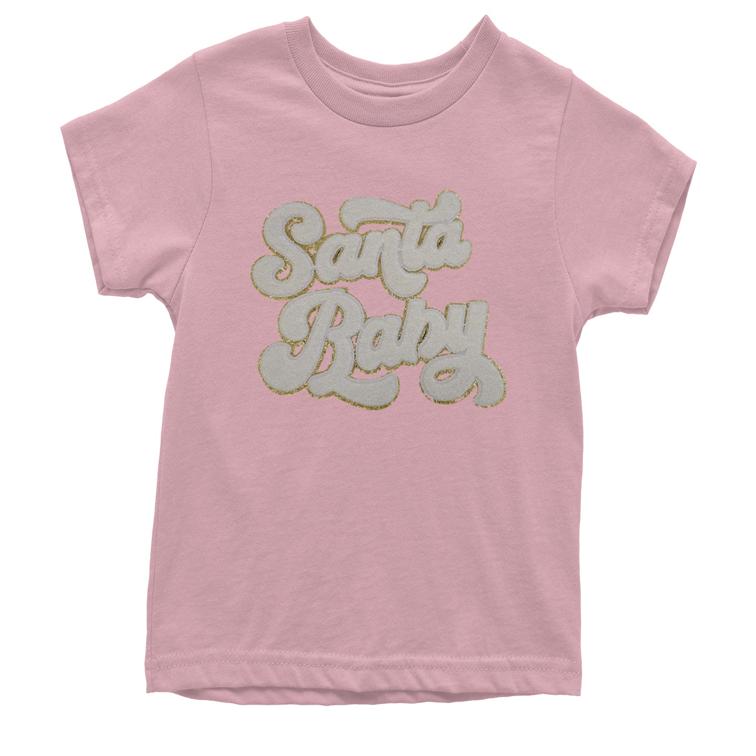 White Santa Baby Chenille Patch Youth T-shirt Light Pink