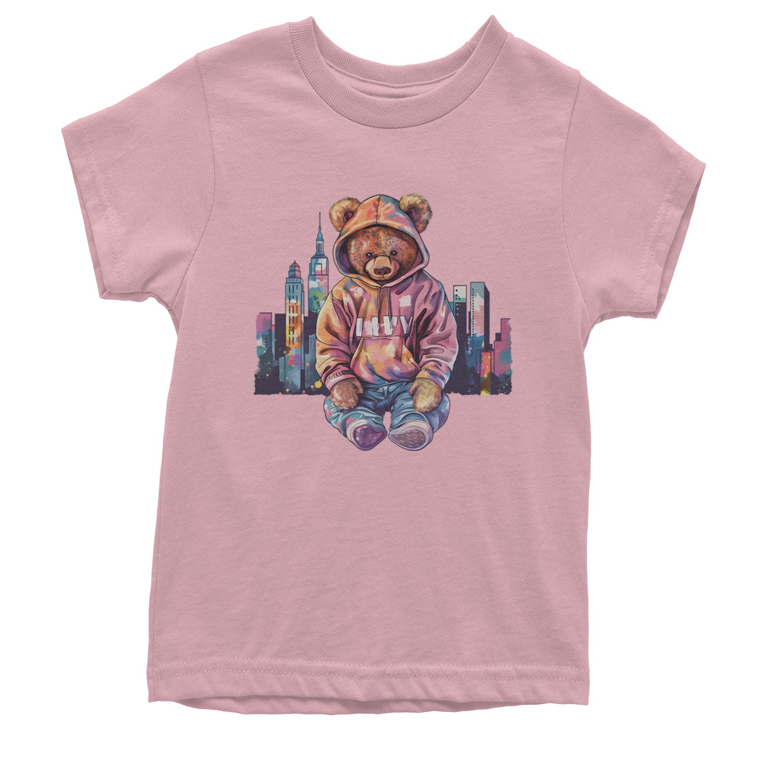 City Skyline Urban Graffiti Bear Youth T-shirt Light Pink