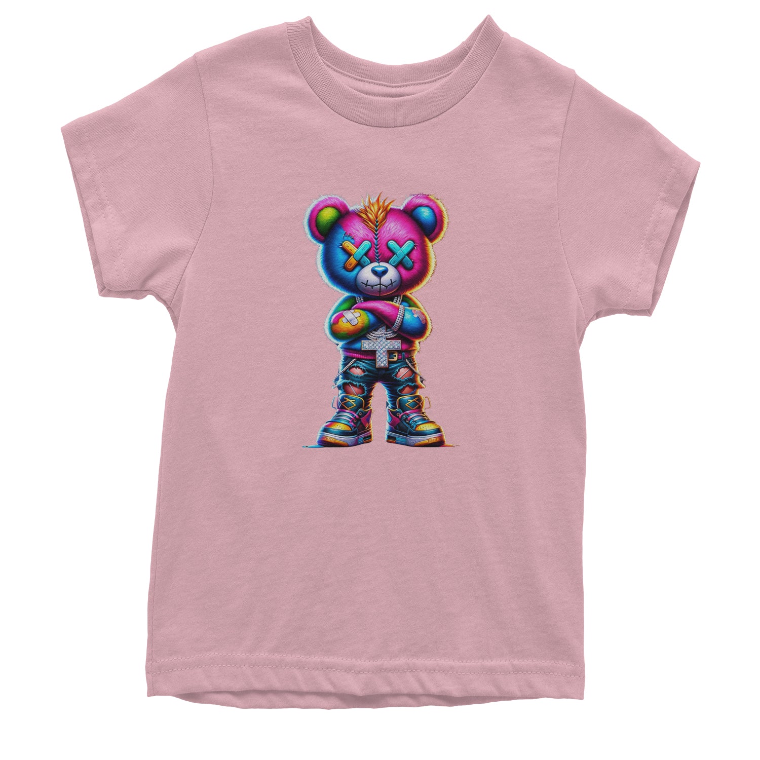 Stitched Neon Urban Graffiti Bear Youth T-shirt Light Pink