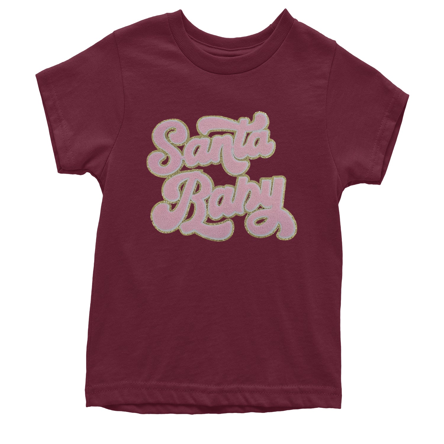 Pink Santa Baby Chenille Patch Youth T-shirt Maroon