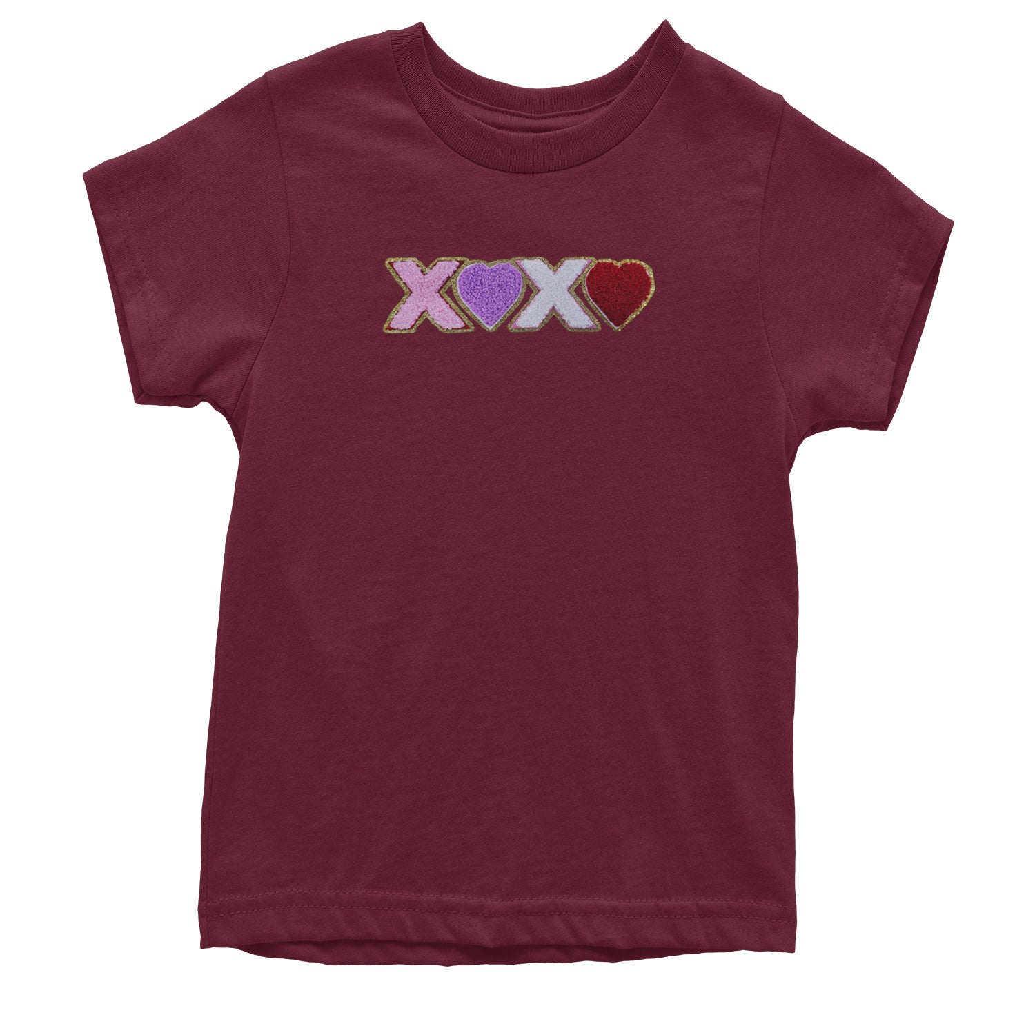 XOXO Chenille Patch Valentines Days Youth T-shirt Maroon