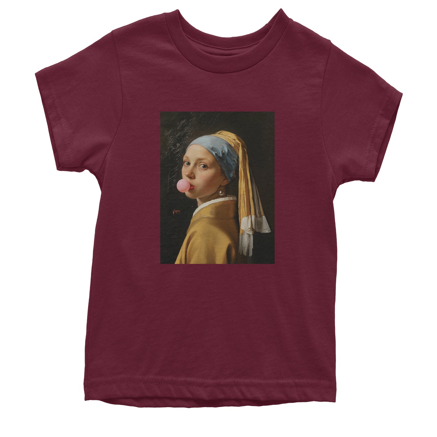 Girl with a Pearl Earring Bubble Gum Contemporary Art Youth T-shirt Maroon