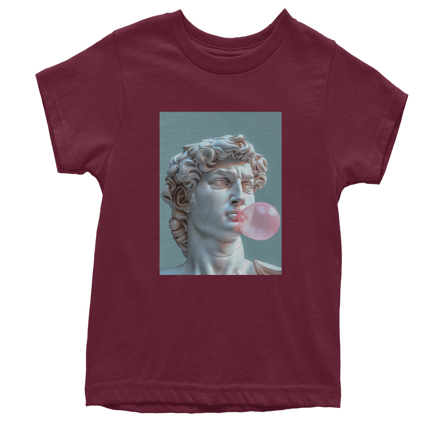 Michelangelo's David with Bubble Gum Contemporary Statue Art Youth T-shirt Maroon