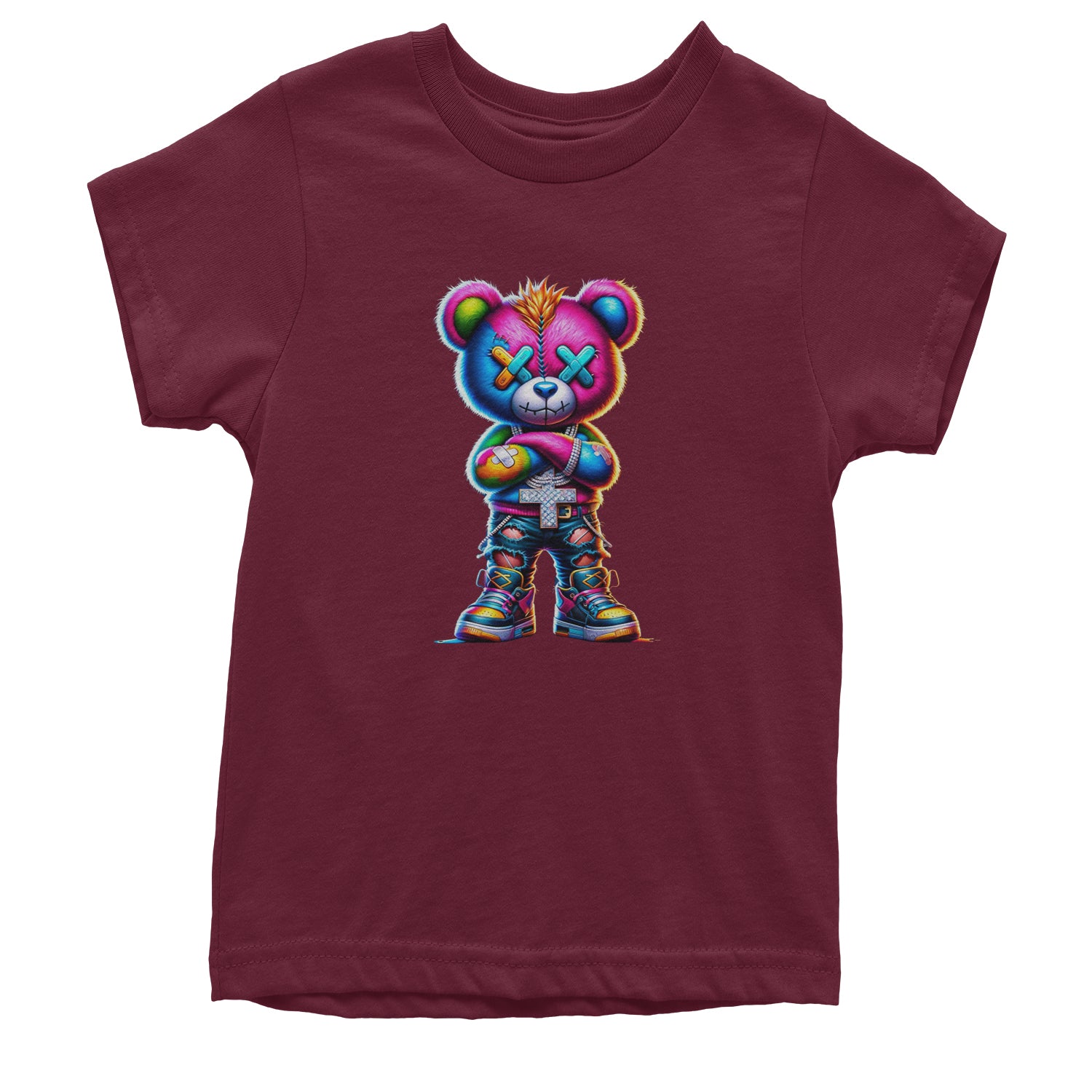 Stitched Neon Urban Graffiti Bear Youth T-shirt Maroon