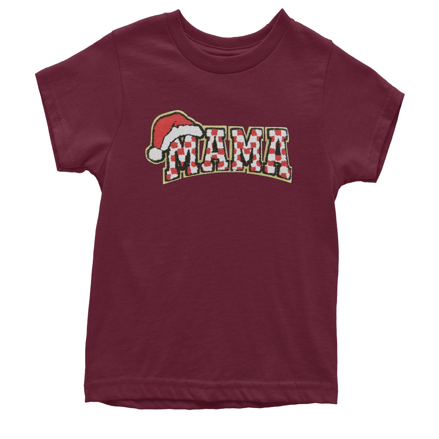 Mama Santa Hat Chenille Patch Youth T-shirt Maroon