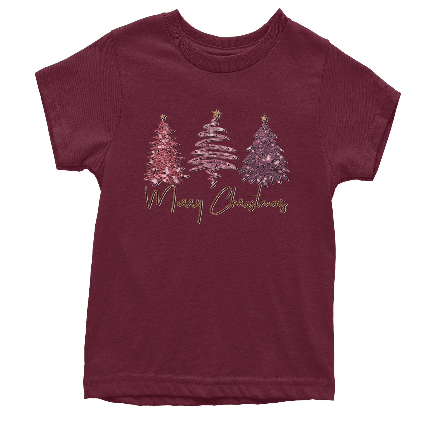 Merry Christmas Faux Glitter Trees Youth T-shirt Maroon