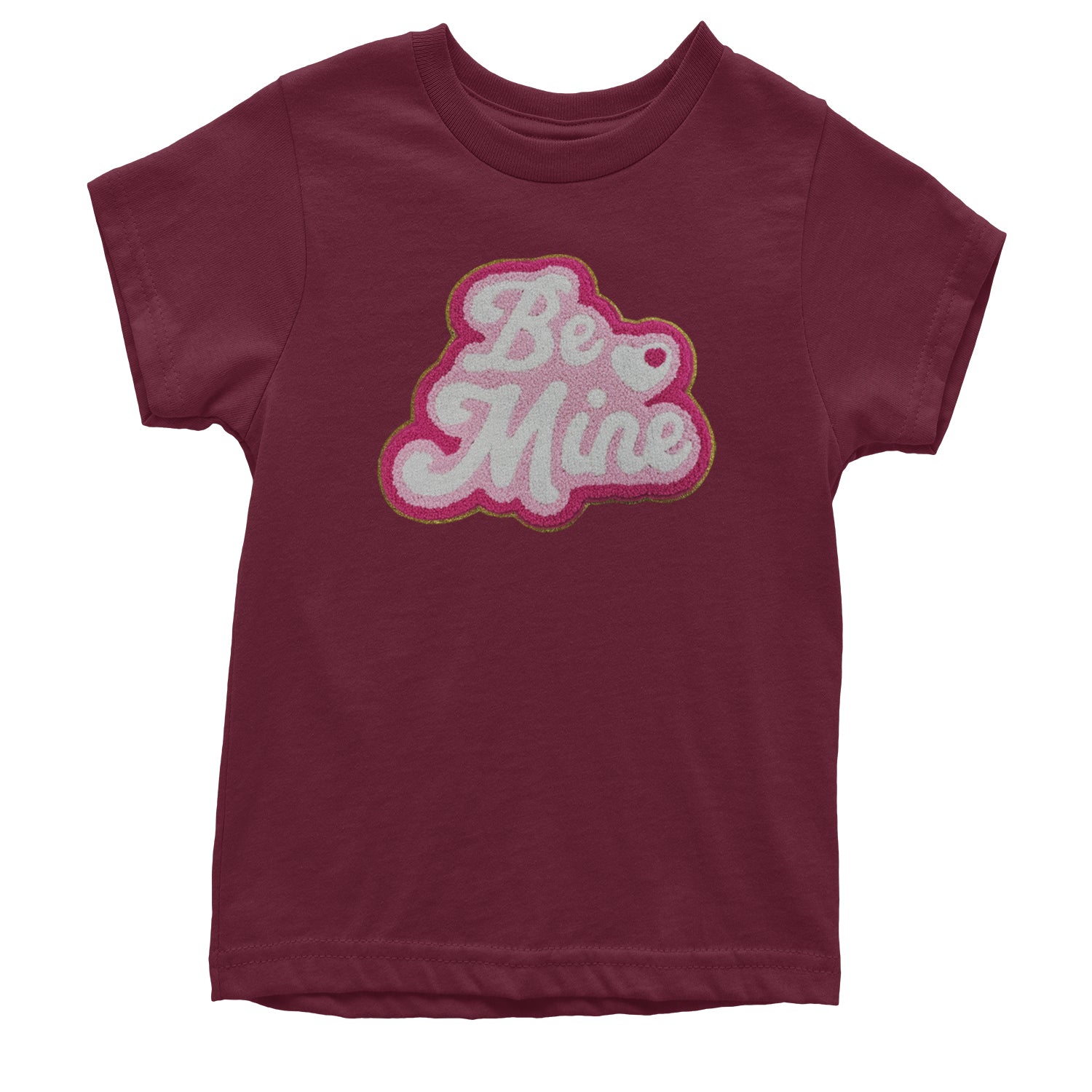 Be Mine Chenille Patch Valentines Days Youth T-shirt Maroon