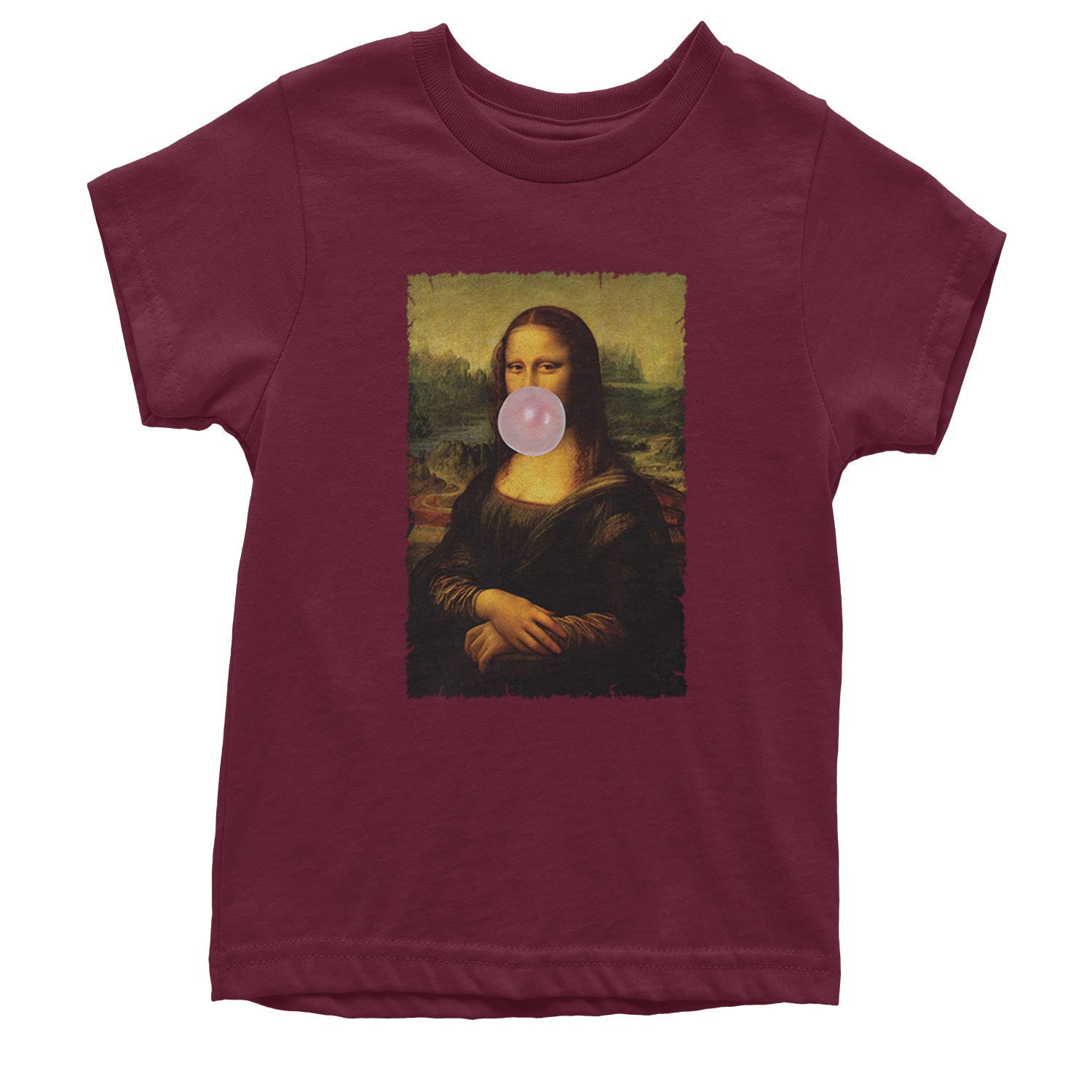 Mona Lisa Smile Pink Bubble Gum Da Vinci Icon Youth T-shirt Maroon