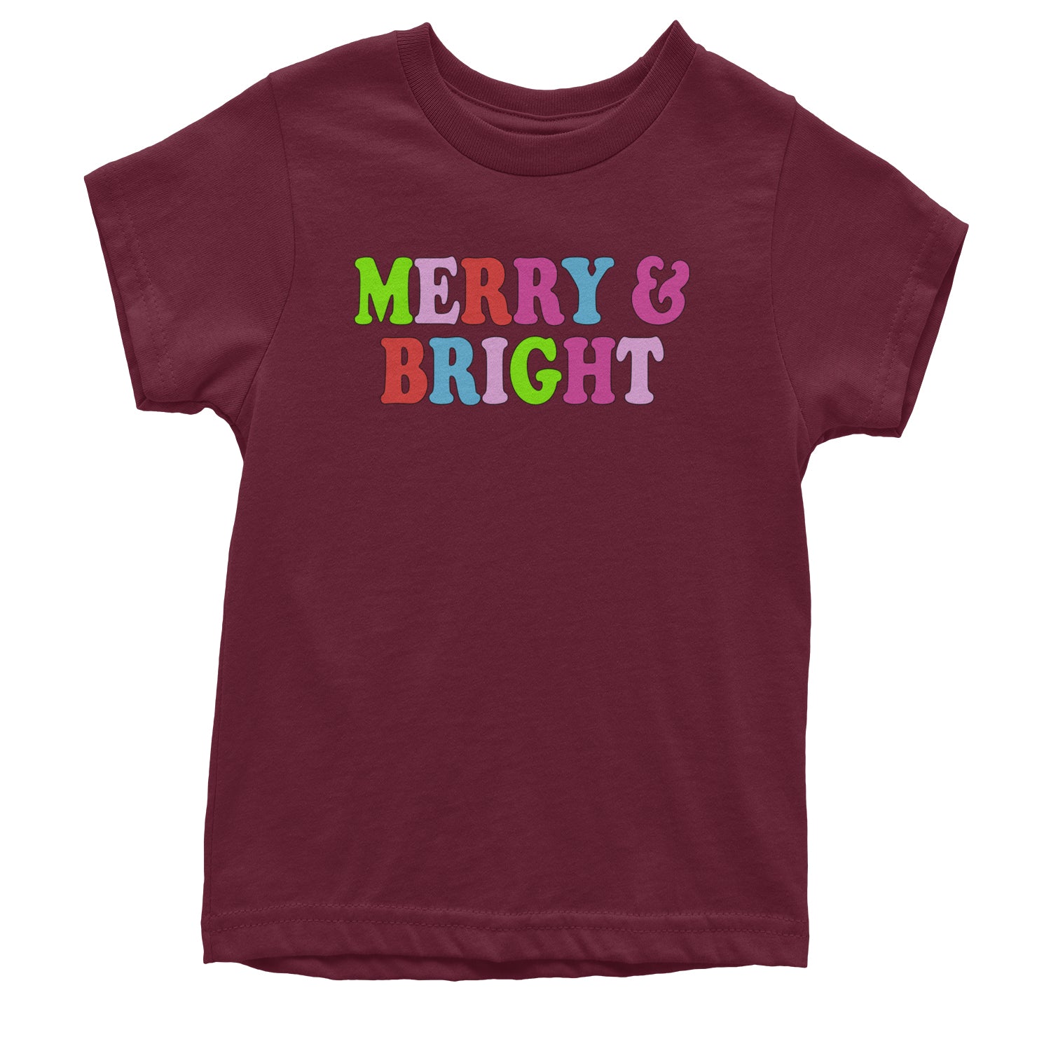 Merry and Bright Festive Christmas Holiday Youth T-shirt Maroon