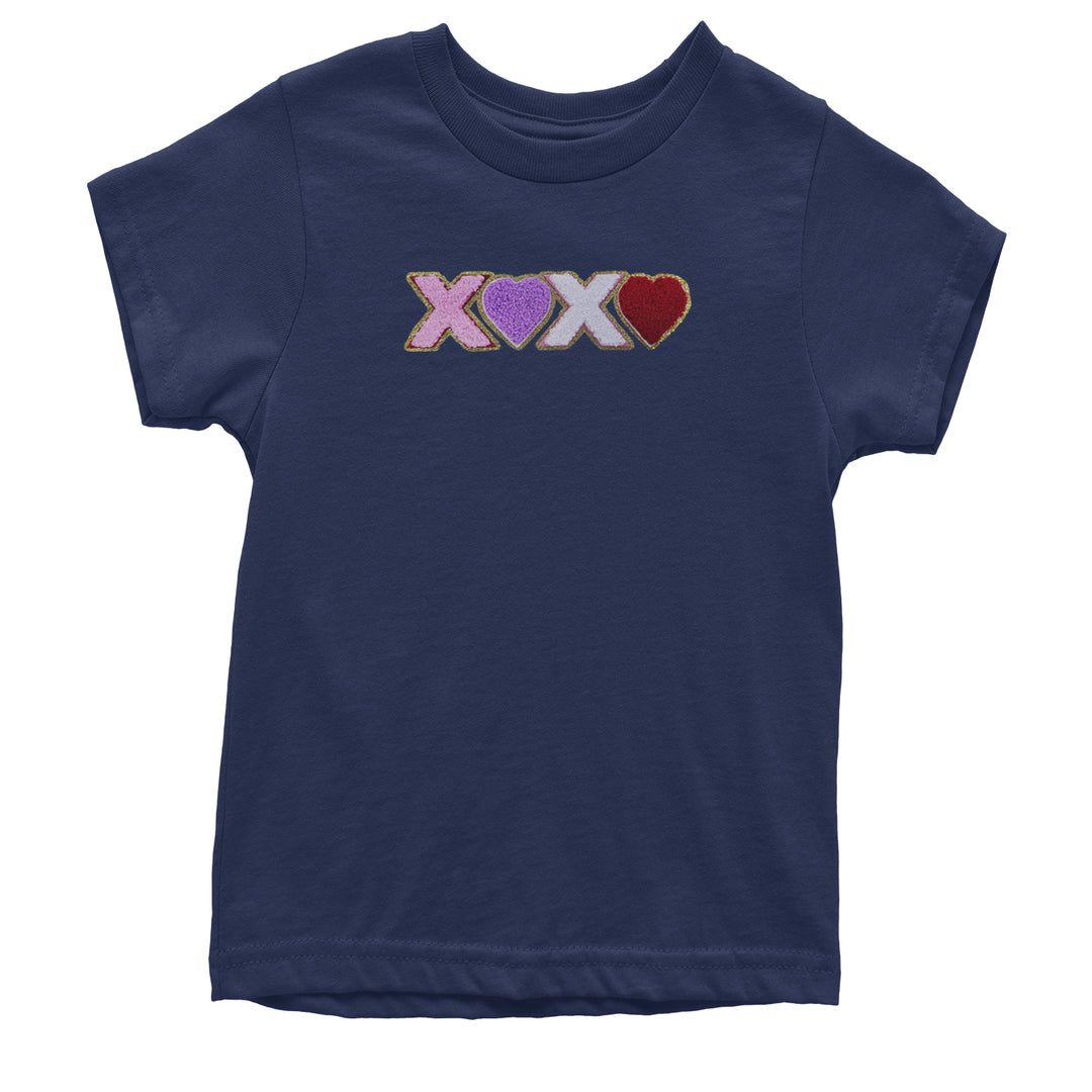 XOXO Chenille Patch Valentines Days Youth T-shirt Navy Blue