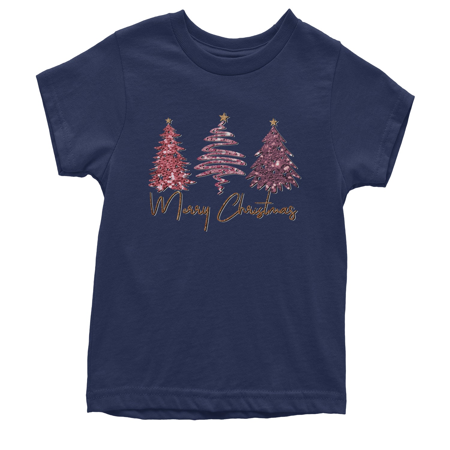 Merry Christmas Faux Glitter Trees Youth T-shirt Navy Blue