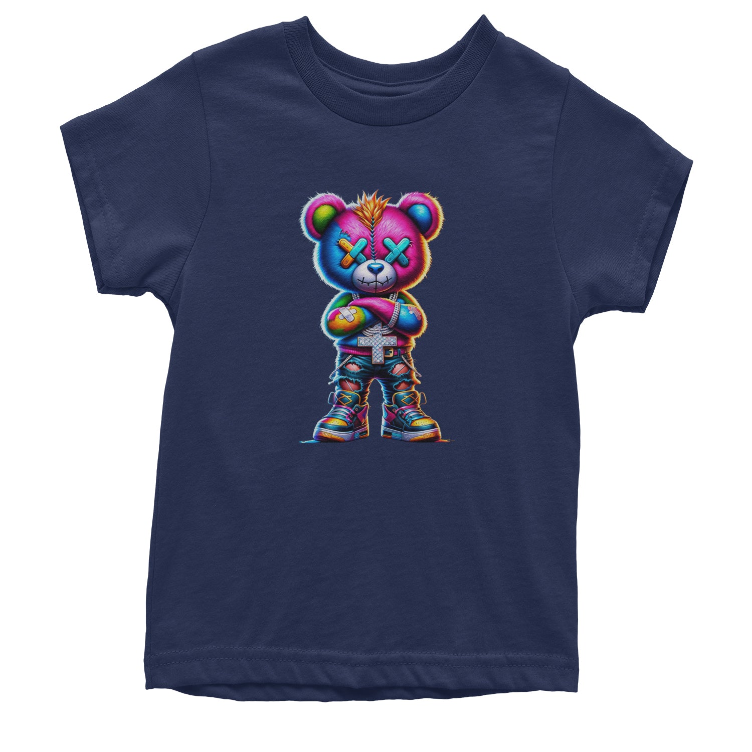 Stitched Neon Urban Graffiti Bear Youth T-shirt Navy Blue