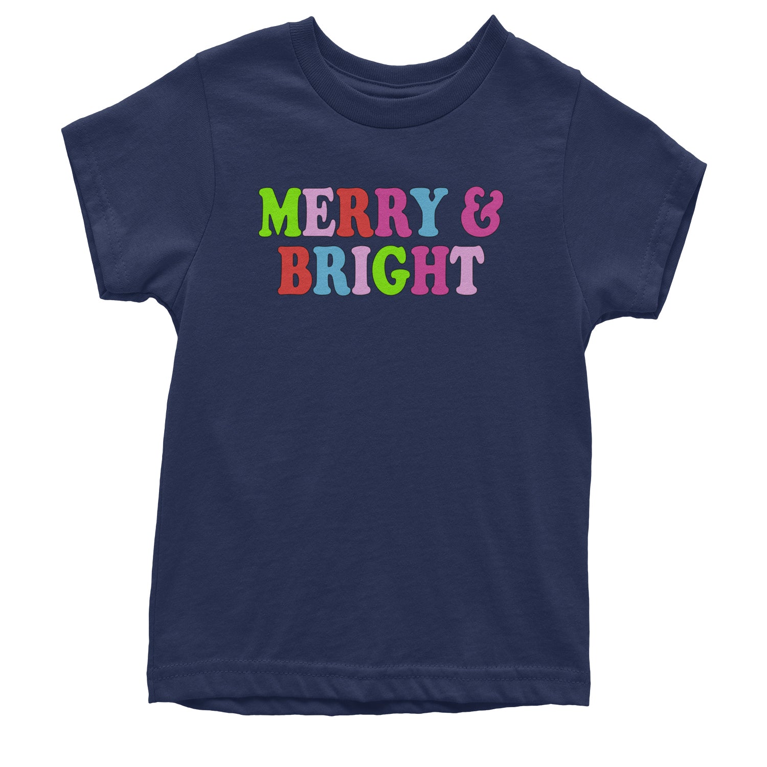 Merry and Bright Festive Christmas Holiday Youth T-shirt Navy Blue