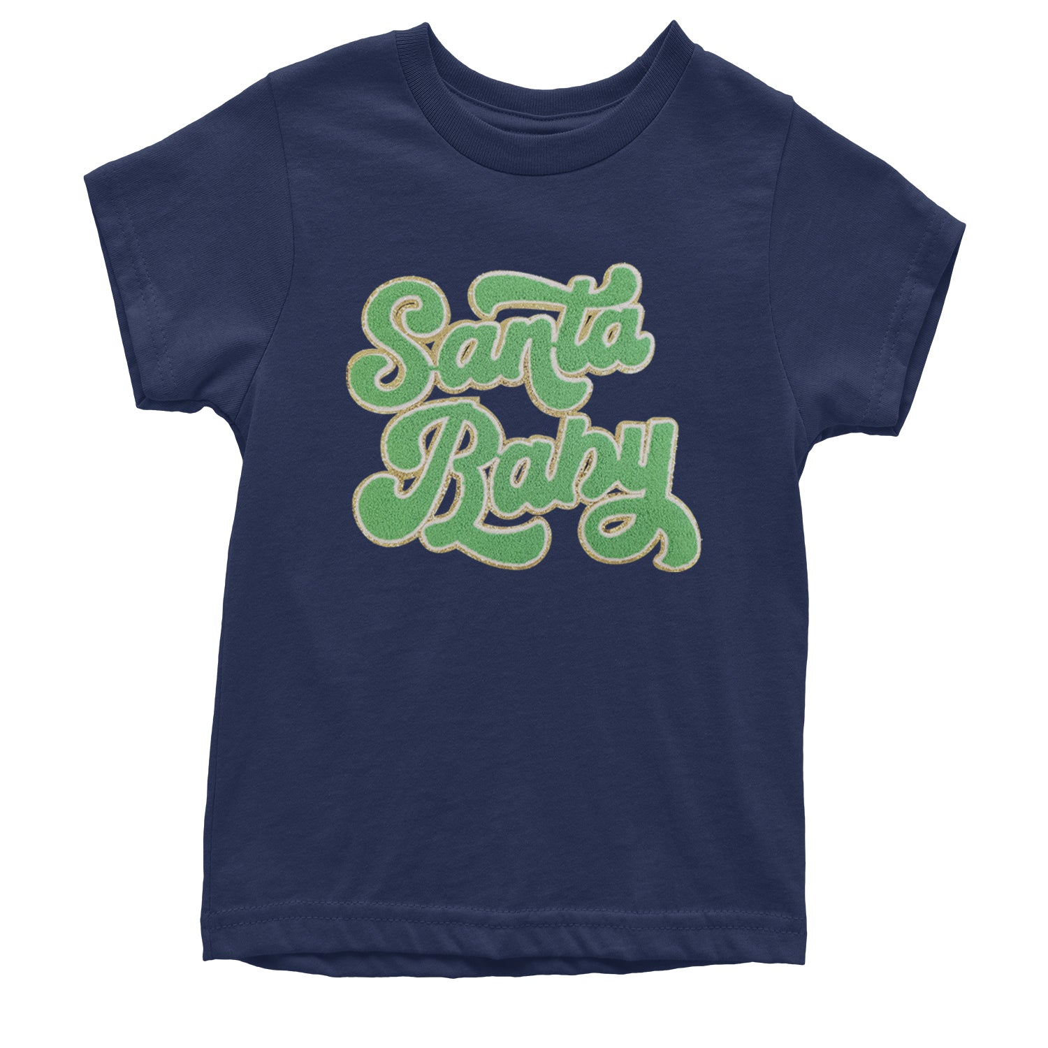 Green Santa Baby Chenille Patch Youth T-shirt Navy Blue