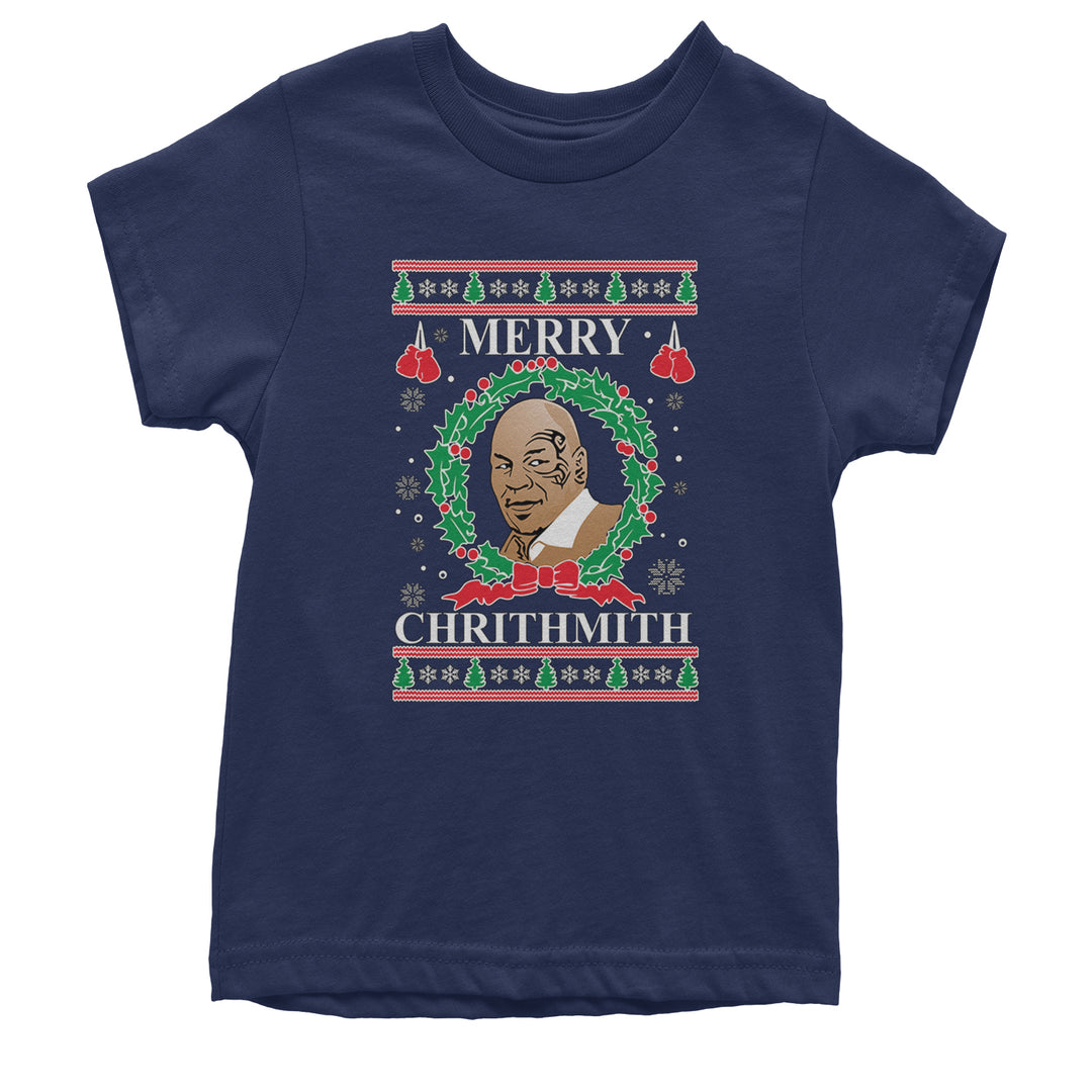 Kids' Heavyweight Cotton T-Shirt with "Merry Chrithmith" text, boxer portrait with gloves and wreath, and ugly-sweater trees and snowflakes pattern