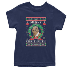 Kids' Heavyweight Cotton T-Shirt with "Merry Chrithmith" text, boxer portrait with gloves and wreath, and ugly-sweater trees and snowflakes pattern