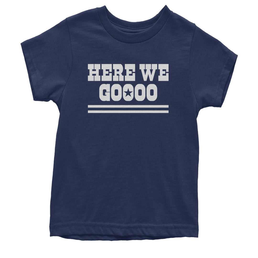 Varsity-style "HERE WE GO" lettering with a star inside the O on a Kids' Heavyweight Cotton T-Shirt