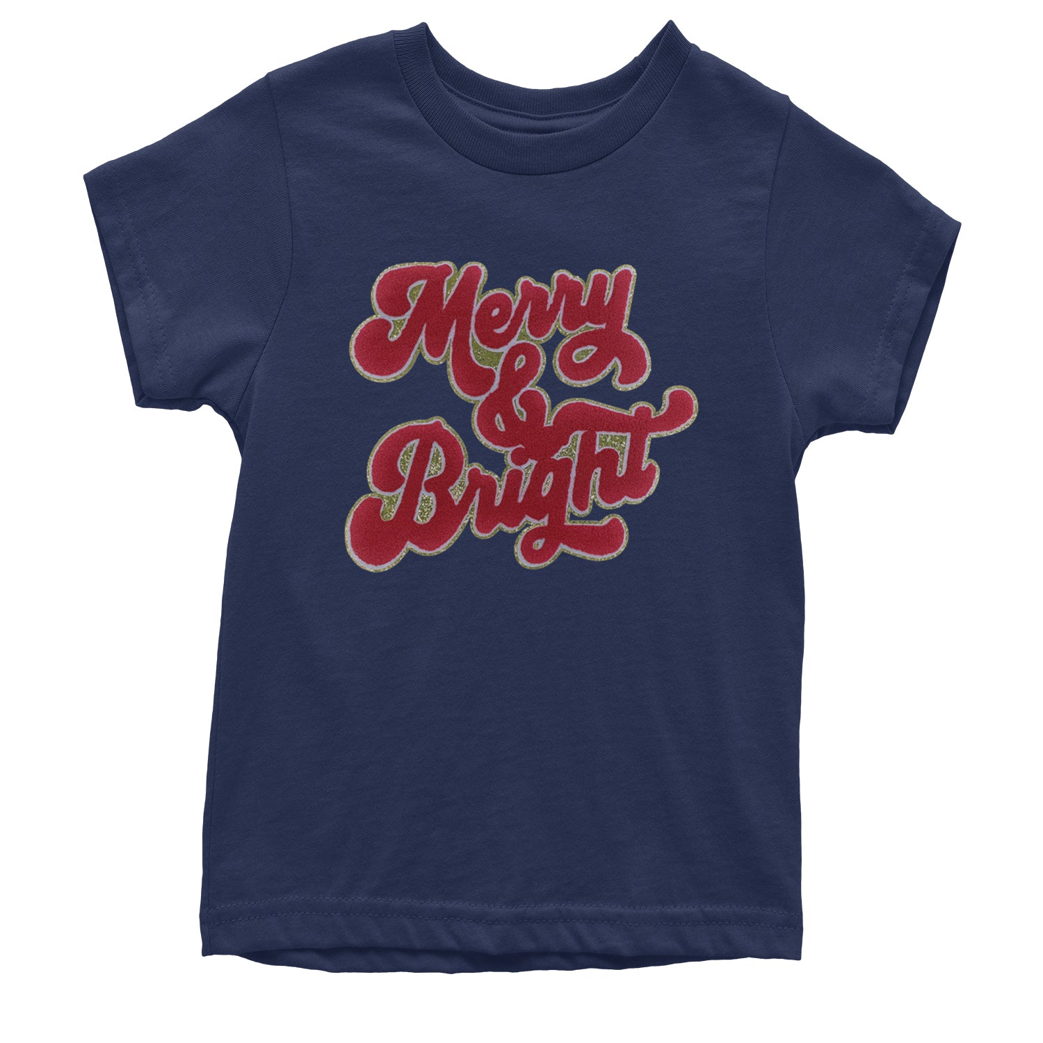 Merry & Bright Chenille Glitter Youth T-shirt Navy Blue