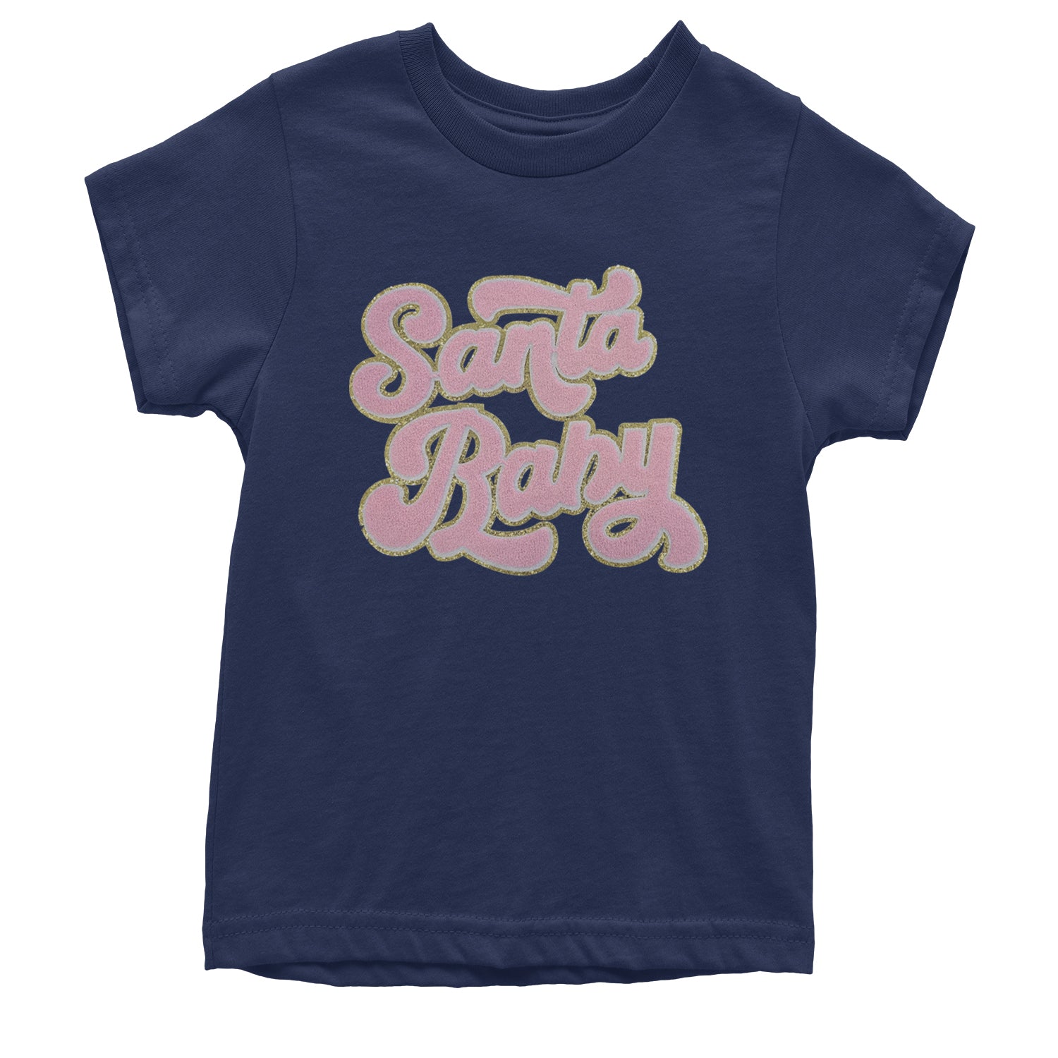 Pink Santa Baby Chenille Patch Youth T-shirt Navy Blue