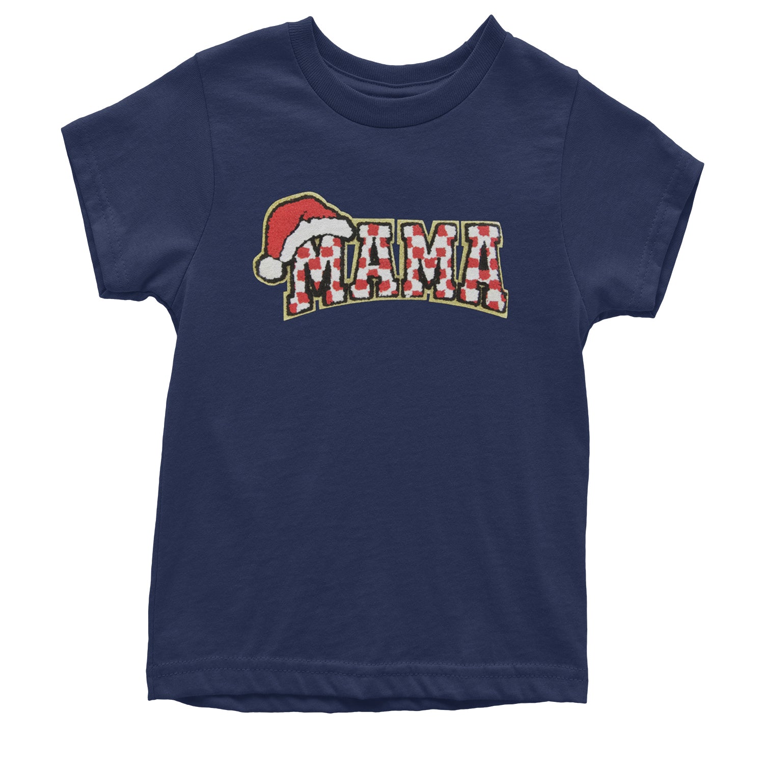 Mama Santa Hat Chenille Patch Youth T-shirt Navy Blue