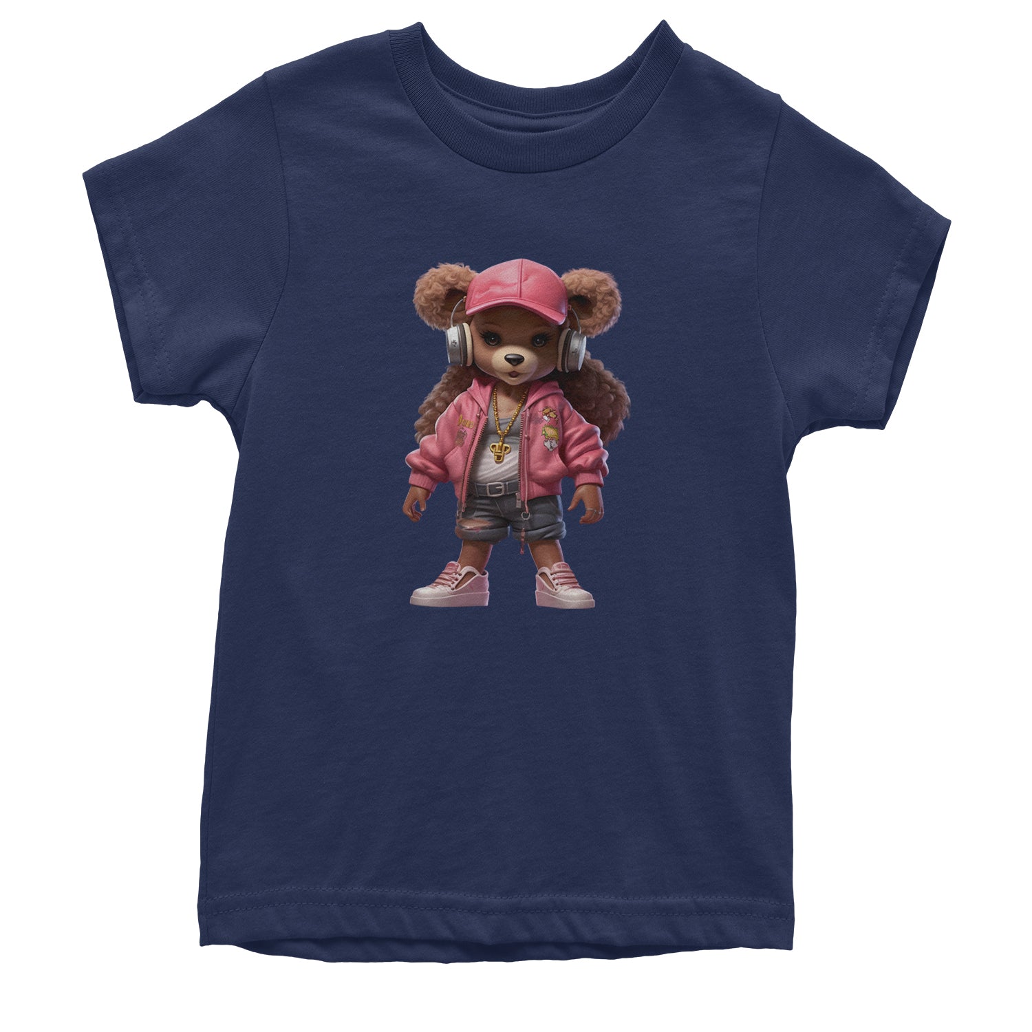 Pink Female Urban Graffiti Bear Youth T-shirt Navy Blue