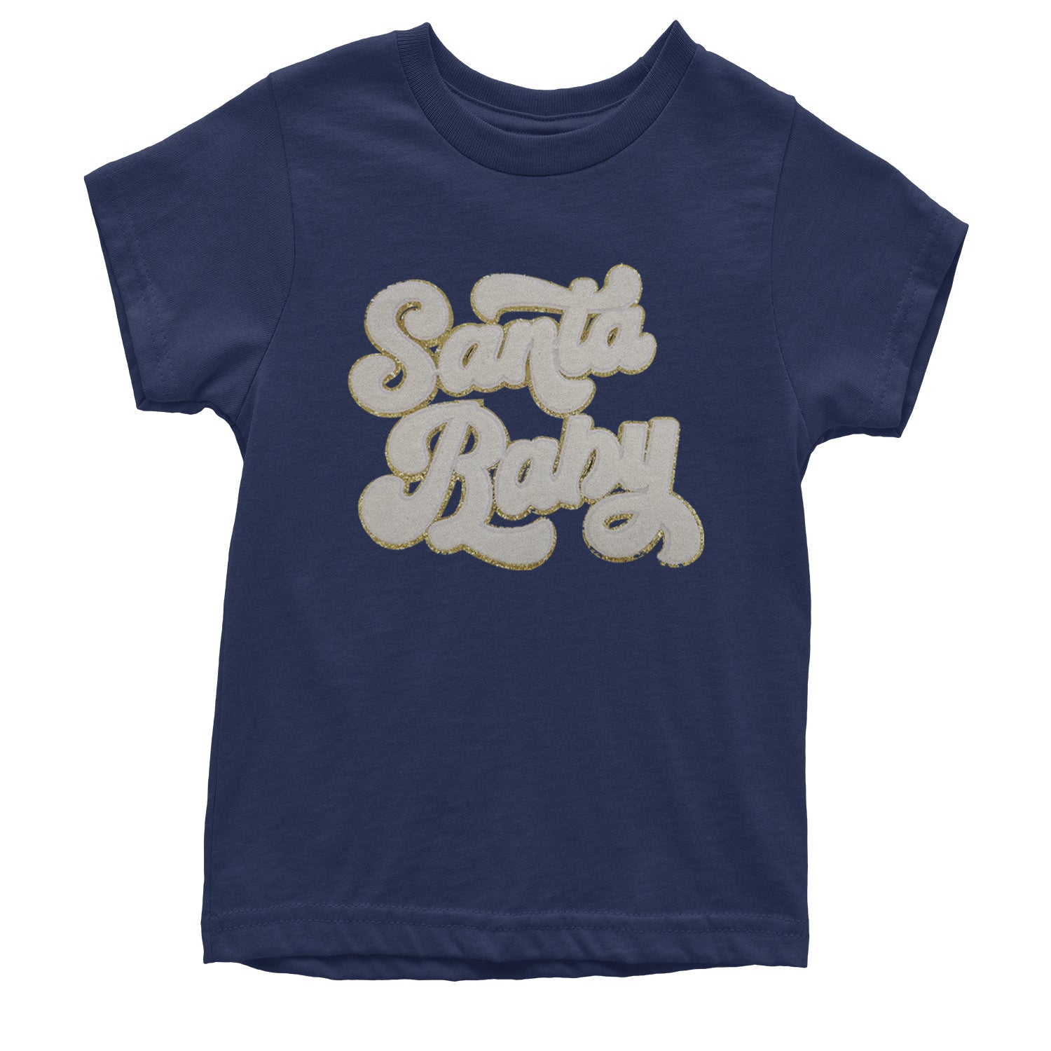 White Santa Baby Chenille Patch Youth T-shirt Navy Blue