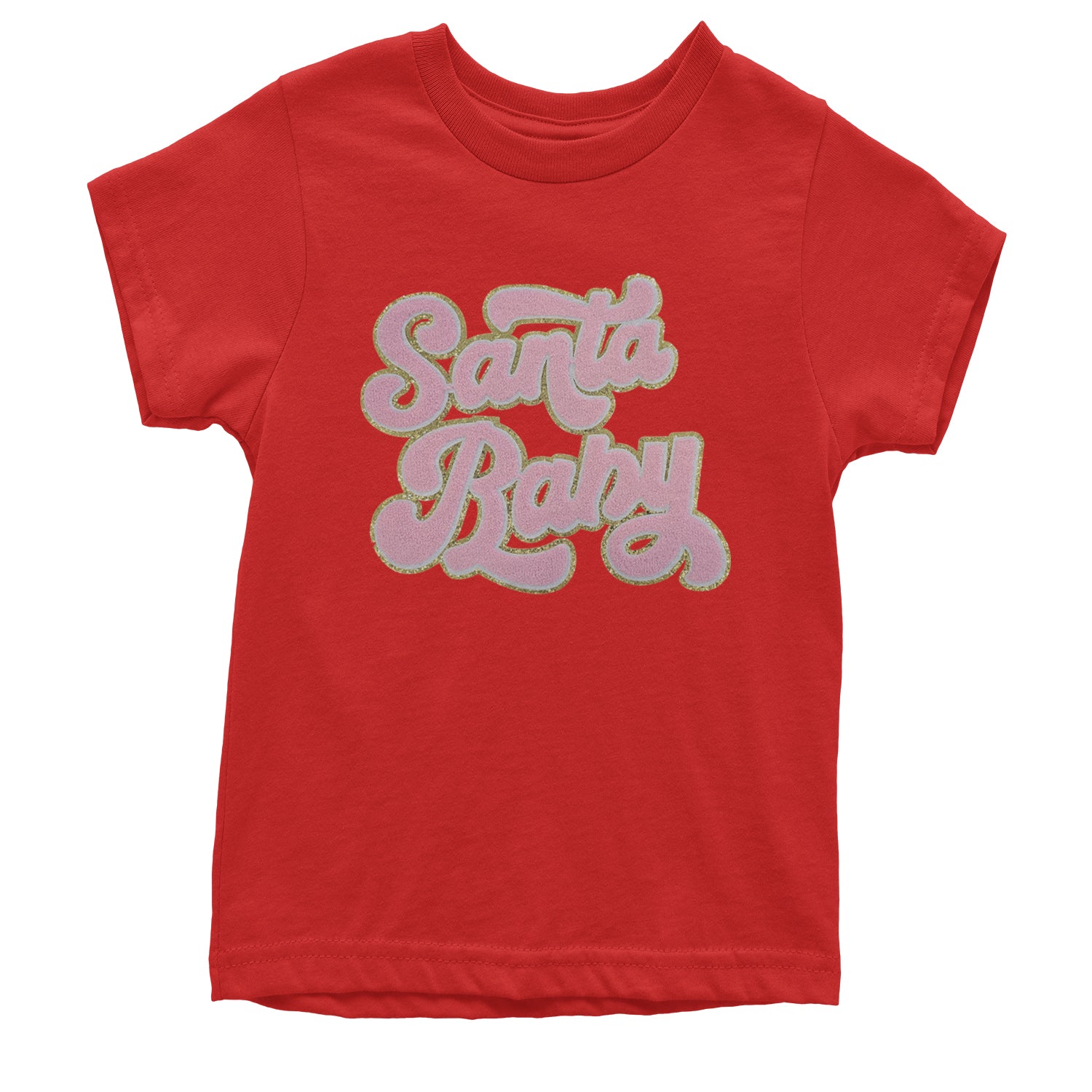 Pink Santa Baby Chenille Patch Youth T-shirt Red