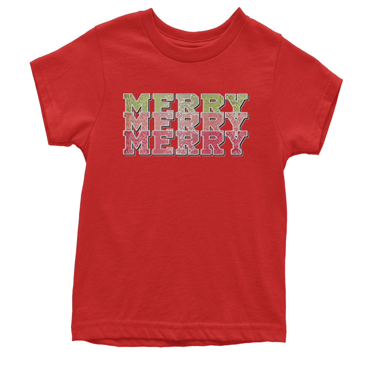 Merry Merry Merry Faux Sequins Youth T-shirt Red