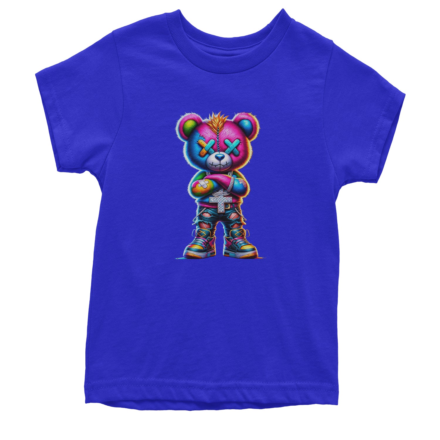 Stitched Neon Urban Graffiti Bear Youth T-shirt Royal Blue