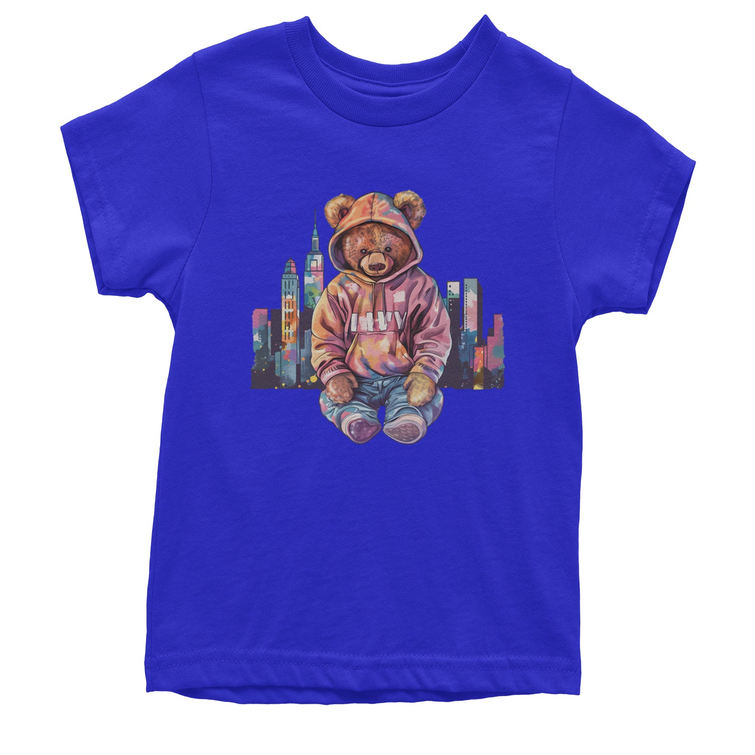 City Skyline Urban Graffiti Bear Youth T-shirt Royal Blue