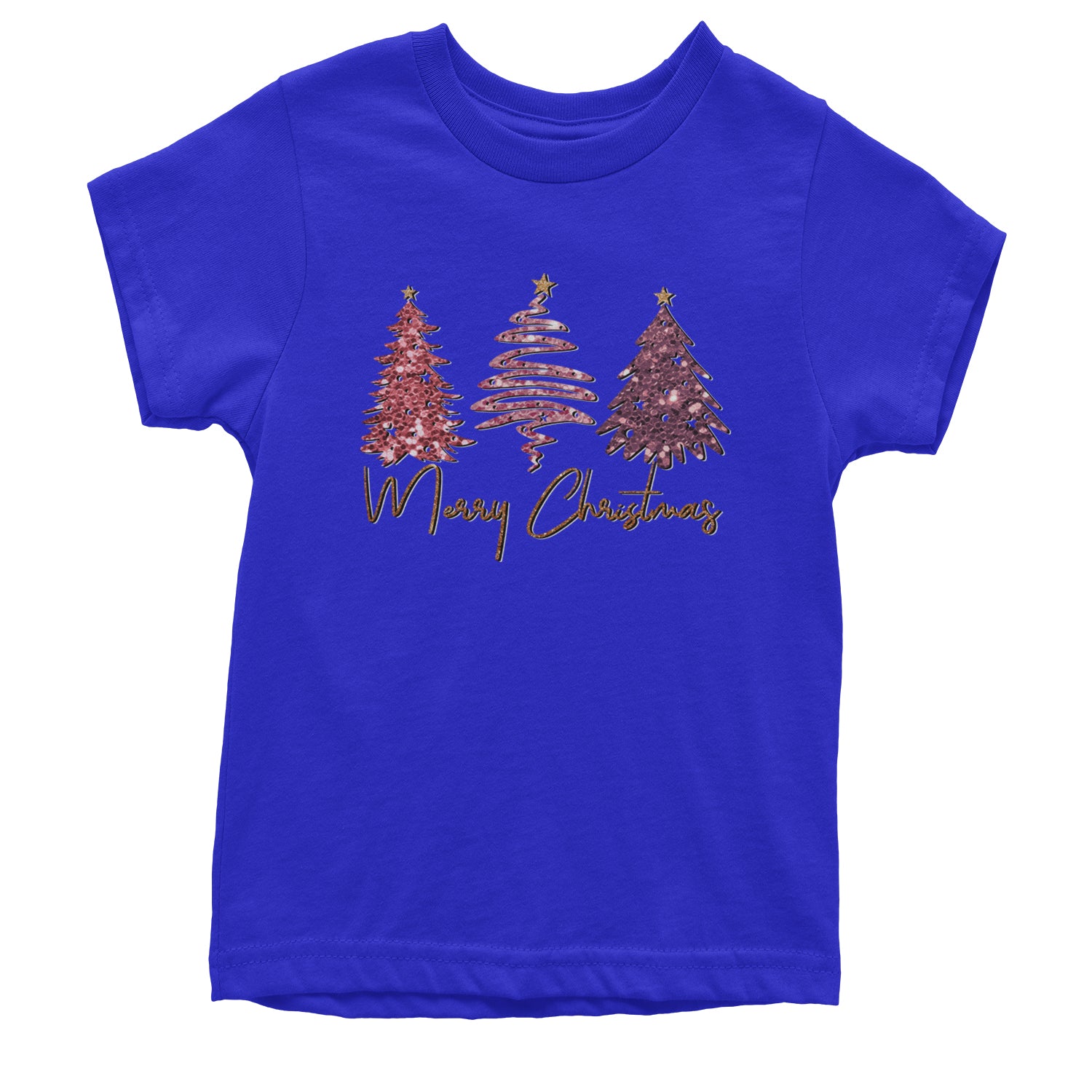 Merry Christmas Faux Glitter Trees Youth T-shirt Royal Blue