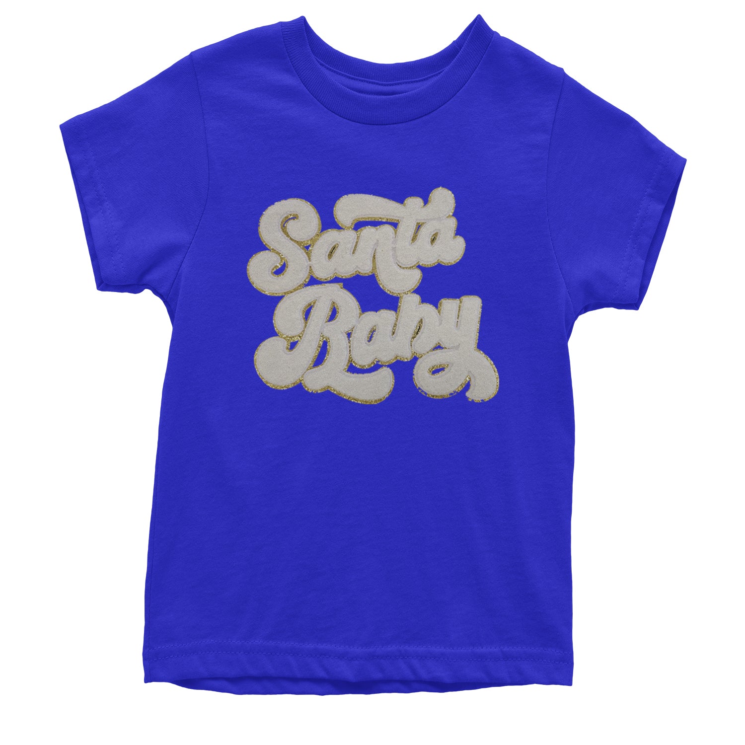 White Santa Baby Chenille Patch Youth T-shirt Royal Blue