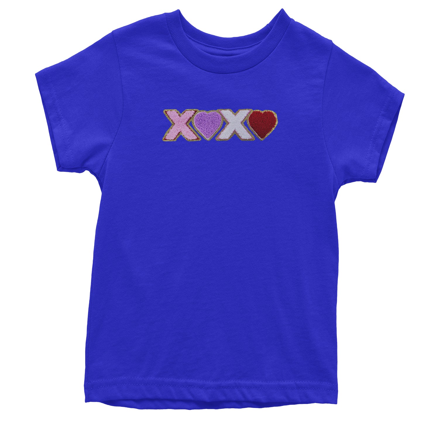 XOXO Chenille Patch Valentines Days Youth T-shirt Royal Blue