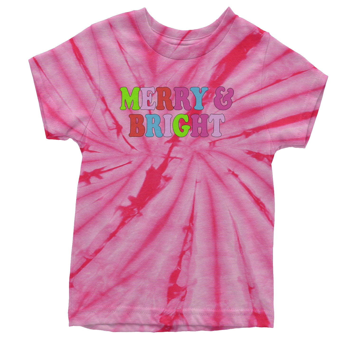 Merry and Bright Festive Christmas Holiday Youth T-shirt Tie-Dye Spider Pink