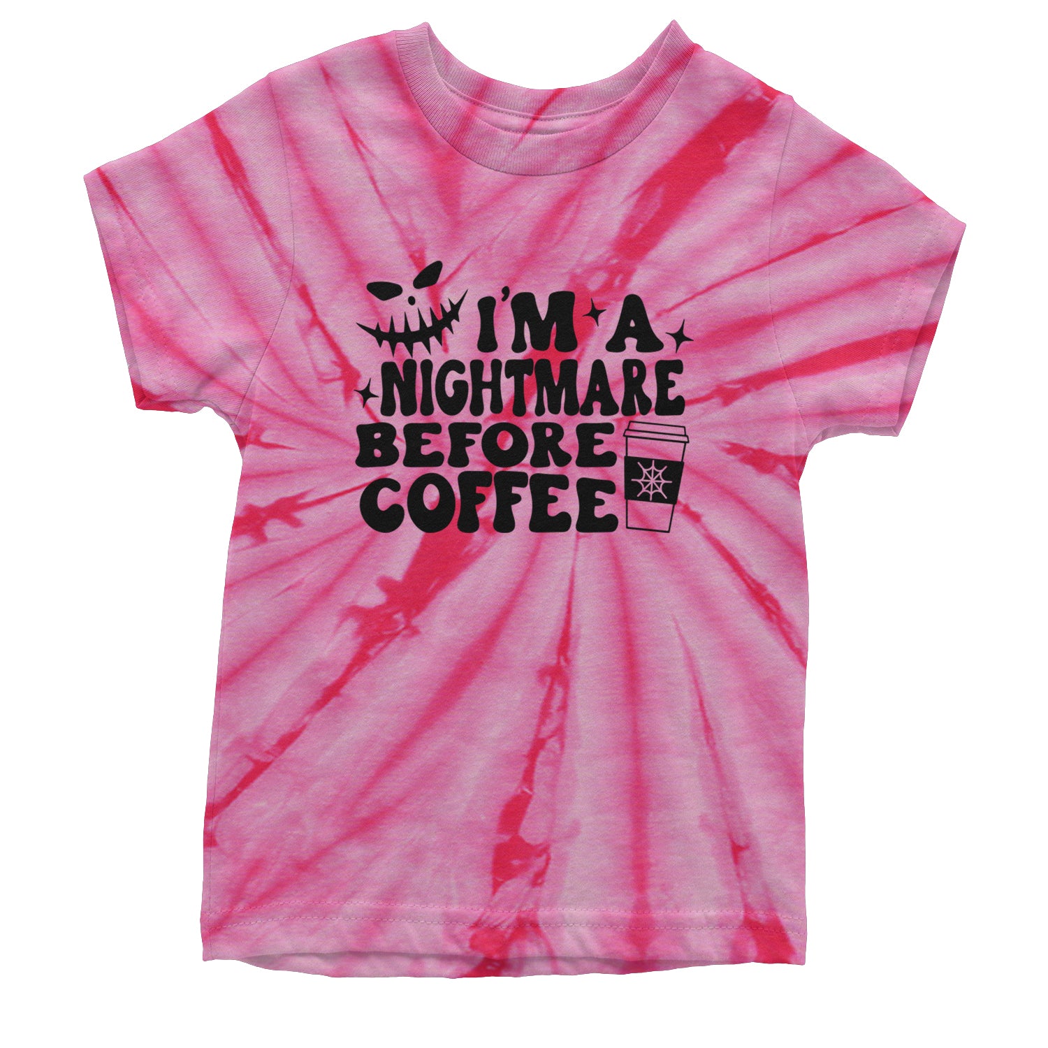 I'm A Nightmare Before Coffee Youth T-shirt Tie-Dye Spider Pink