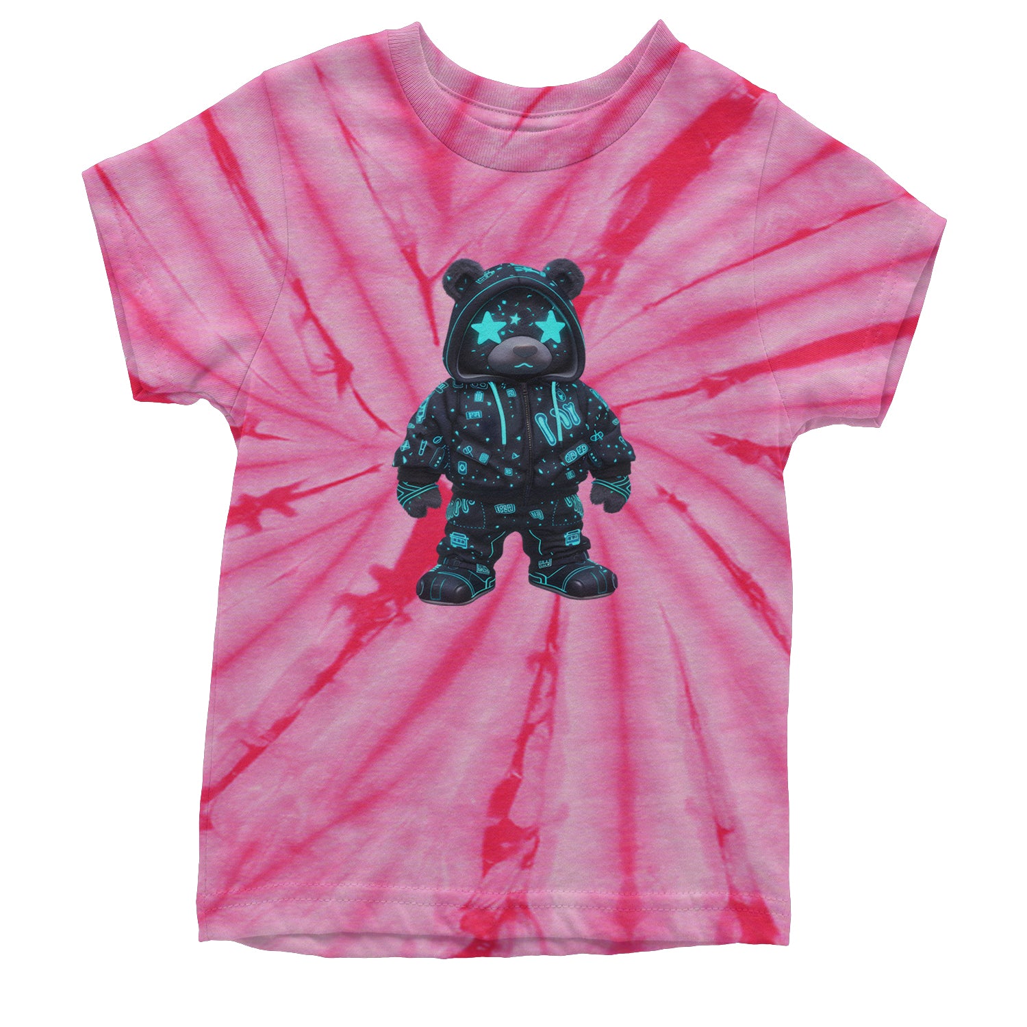 Starry Eyed Vaporwave Urban Graffiti Bear Youth T-shirt Tie-Dye Spider Pink