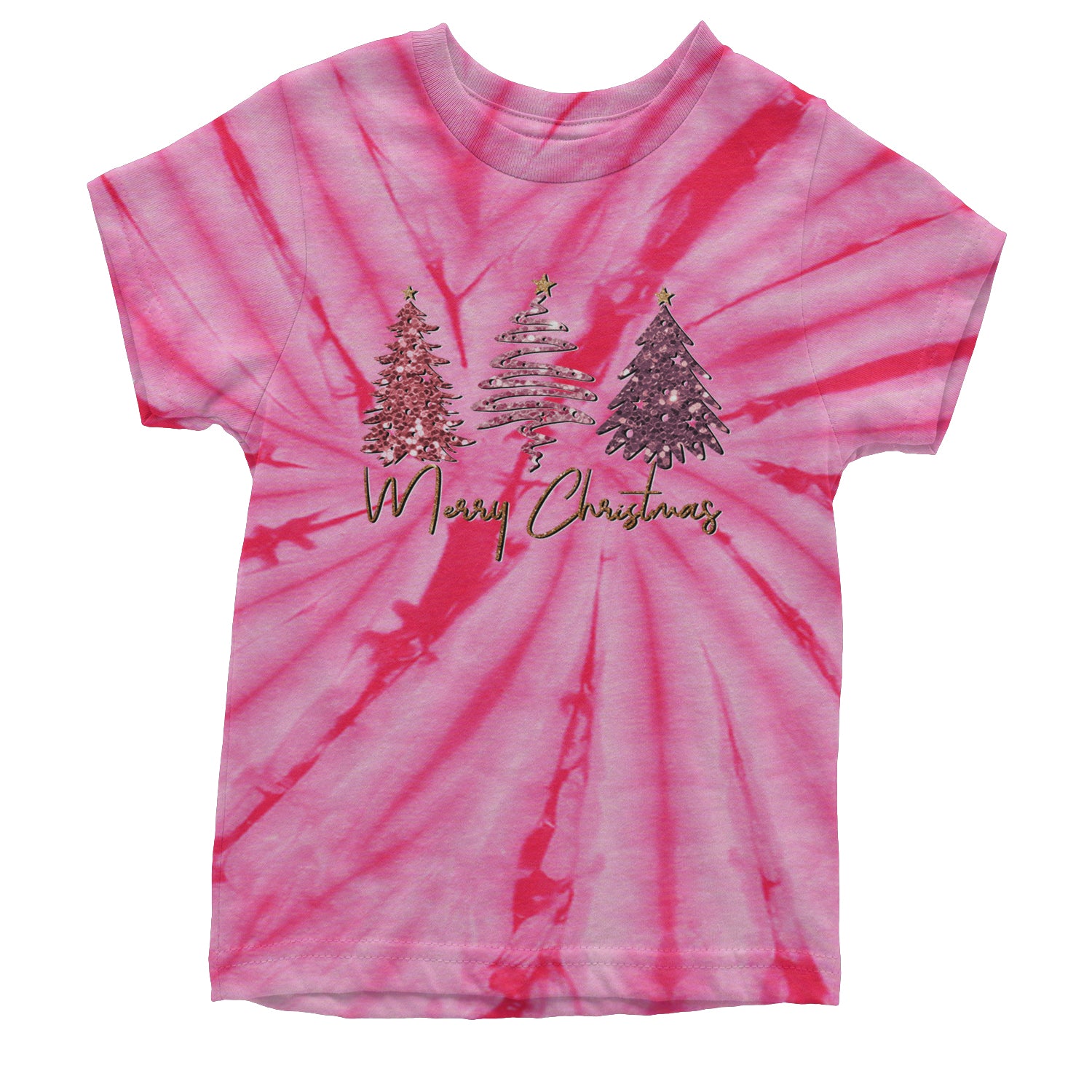 Merry Christmas Faux Glitter Trees Youth T-shirt Tie-Dye Spider Pink